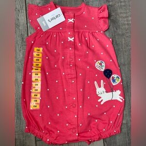 🐰 NWT Carter’s Pink White Polka Dot Bunny Floral Balloon Shorts Romper Size 6M